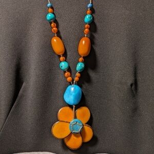 Necklace Organic Eco Art Jewelry Orange Big Flower Nut Statement Bohemian
